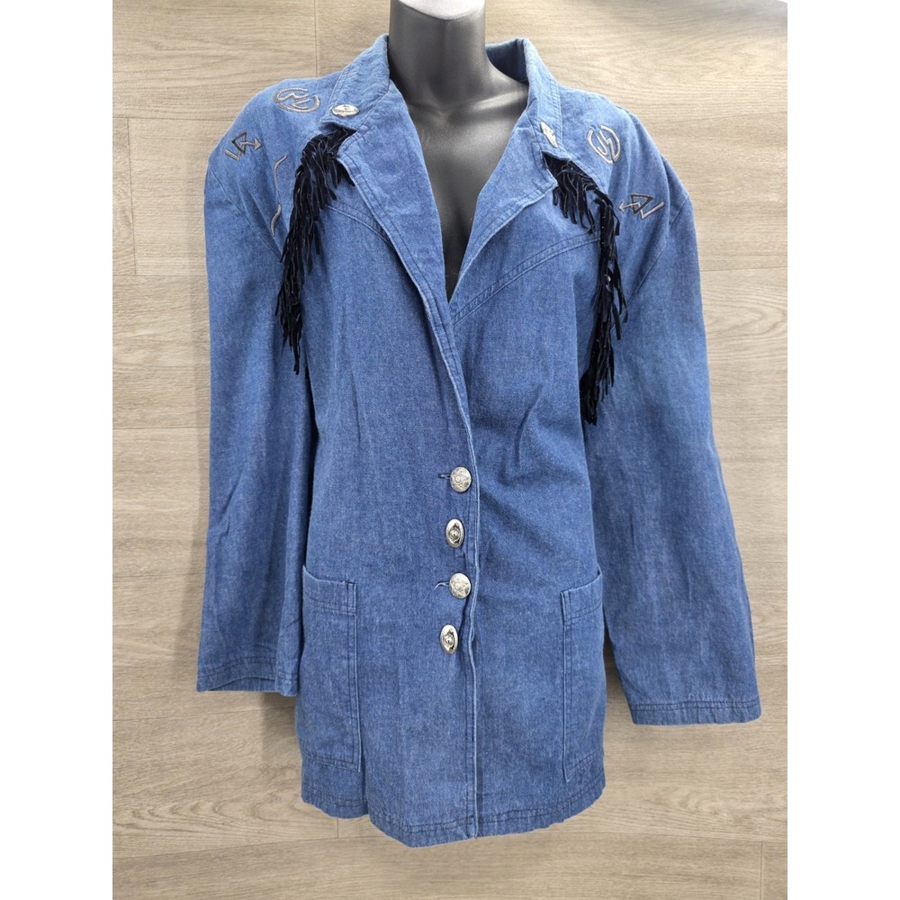 VTG 1849 Ranchwear Fringe Denim Jacket Western Blazer XL Blue